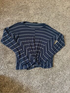 Ollie & Chloe Navy Striped Knot-Front Long Sleeve Crew Sweater